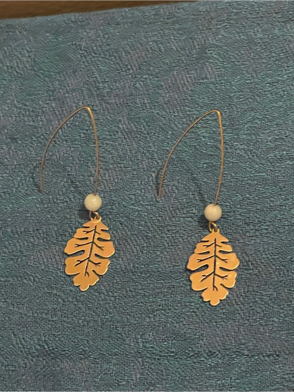 Gold Leaf Drop Earrings with Ivory Bead - Women Jewelry